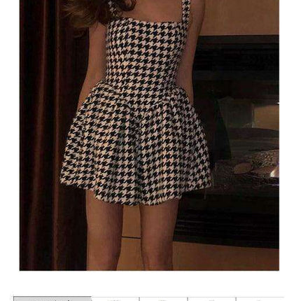 Chic Off-Shoulder Houndstooth Cocktail Dress with Sexy Backless Design