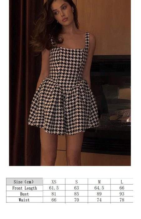 Chic Off-Shoulder Houndstooth Cocktail Dress with Slim-Fit Silhouette