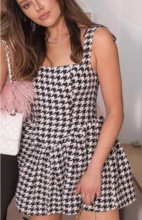 Chic Off-Shoulder Houndstooth Cocktail Dress with Sexy Backless Design