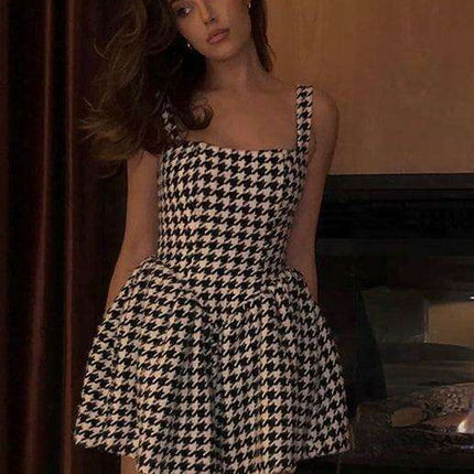 Chic Off-Shoulder Houndstooth Cocktail Dress with Sexy Backless Design