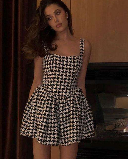 Chic Off-Shoulder Houndstooth Cocktail Dress with Sexy Backless Design