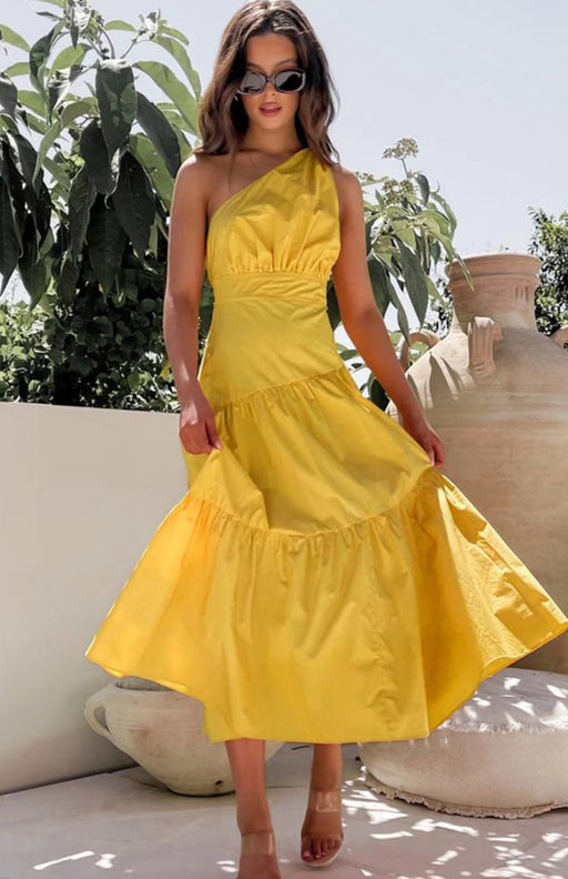 Elegant One-Shoulder Cotton Maxi Dress for Women