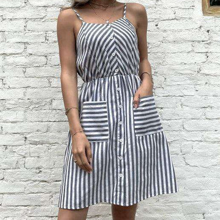 Chic Grey Striped Cotton Linen Slip Dress - Women's All-Day Elegance