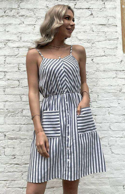 Chic Grey Striped Cotton Linen Slip Dress - Women's All-Day Elegance
