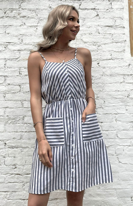 Grey Striped Cotton Linen Slip Dress - Women's Versatile Chic Attire