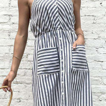 Chic Grey Striped Cotton Linen Slip Dress - Women's All-Day Elegance