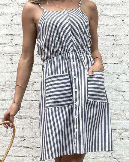 Chic Grey Striped Cotton Linen Slip Dress - Women's All-Day Elegance