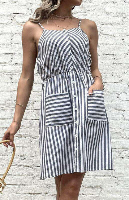 Chic Grey Striped Cotton Linen Slip Dress - Women's All-Day Elegance