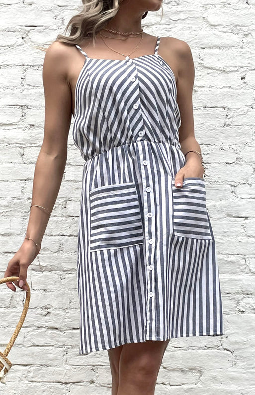 Grey Striped Cotton Linen Slip Dress for Women