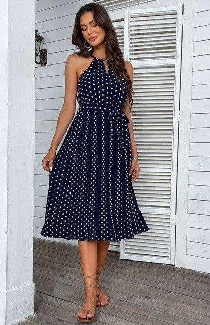 Blue Polka Dot Halter Neck Midi Dress - Essential Summer Sling for Women