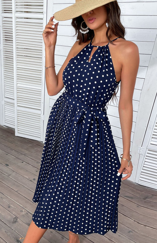 Blue Polka Dot Halter Neck Midi Beach Dress - Women's Sling Silhouette Summer Essential