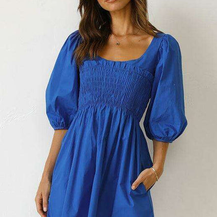 Chic Solid Color Polyester Dress with Lantern Sleeves for Women