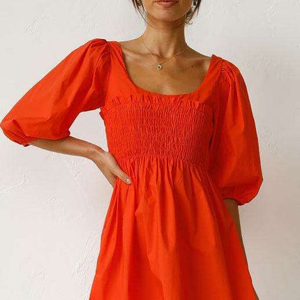 Chic Solid Color Polyester Dress with Lantern Sleeves for Women
