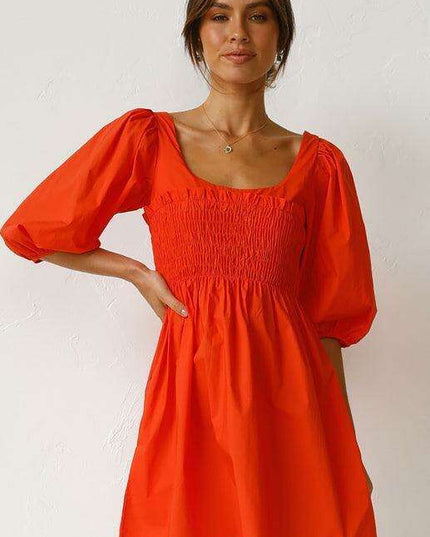 Chic Solid Color Polyester Dress with Lantern Sleeves for Women