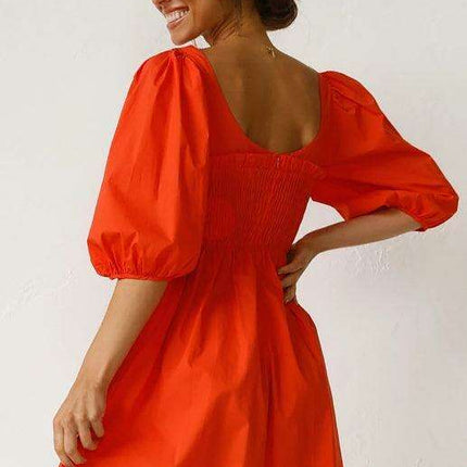 Chic Solid Color Polyester Dress with Lantern Sleeves for Women