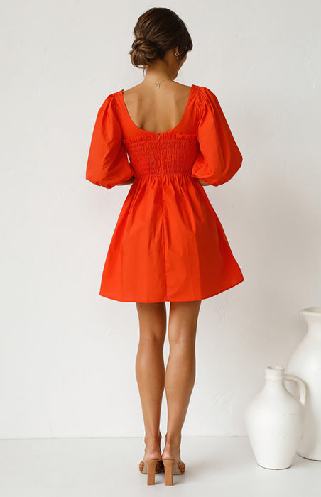 Elegant Solid Color Women's Polyester Dress with Lantern Sleeves