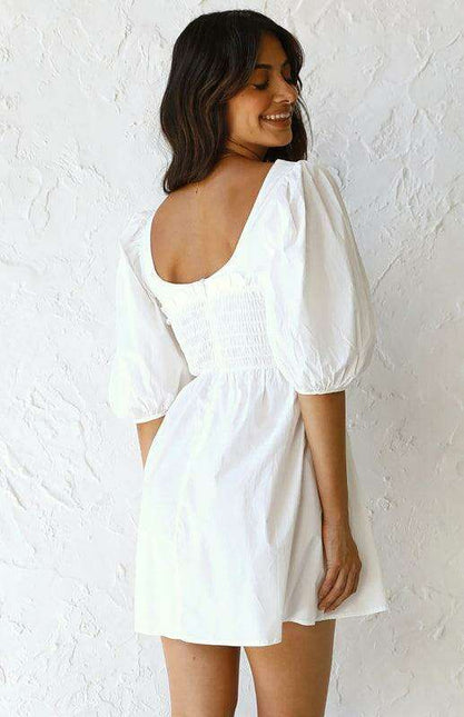 Chic Solid Color Polyester Dress with Lantern Sleeves for Women