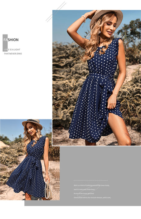 Retro Polka Dot Dress with Lace-Up Detail and Crew Neck - Vintage Style Statement Piece