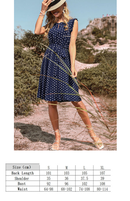 Retro Polka Dot Dress with Lace Up Detail and Crew Neck