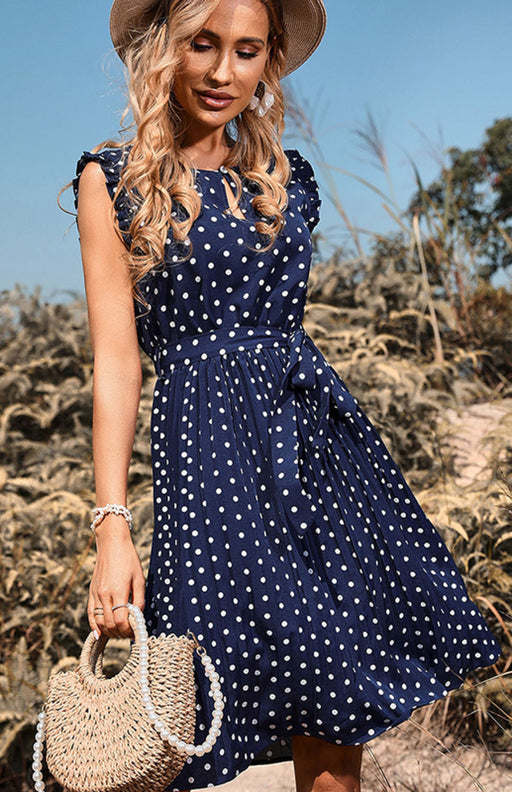 Retro Polka Dot Dress with Lace Up Detail and Crew Neck