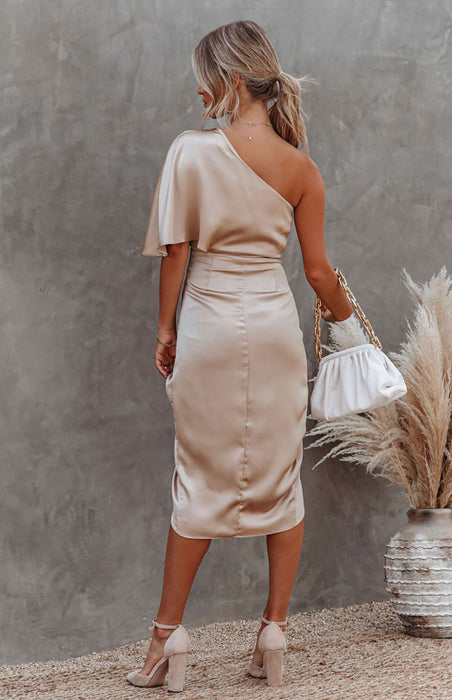 Sultry One Shoulder Asymmetrical Pleated Waist Skirt Dress