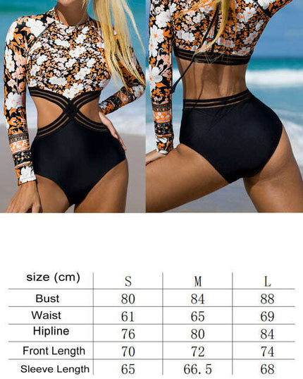 Women's Long Sleeve Printed Cutout One Piece Swimsuit