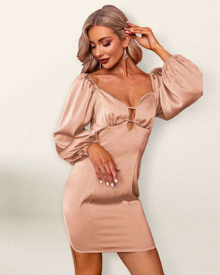 Chic Deep V-Neck Dress with Trendy Backpack Detail