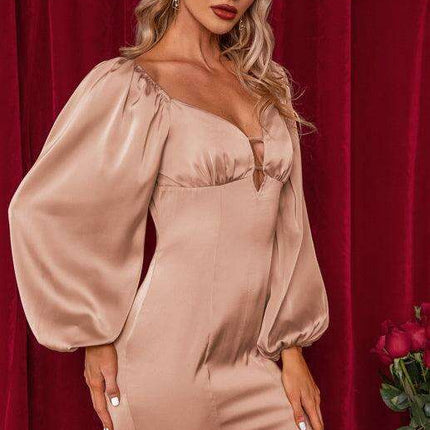 Chic Deep V-Neck Dress with Trendy Backpack Detail