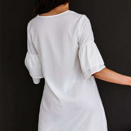 Elegant V-Neck Shift Dress with Flared Sleeves and Decorative Buttons - Women's Fashion Essential