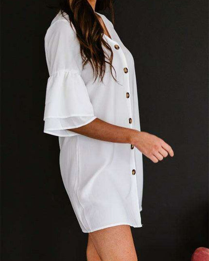 Elegant V-Neck Shift Dress with Flared Sleeves and Decorative Buttons - Women's Fashion Essential