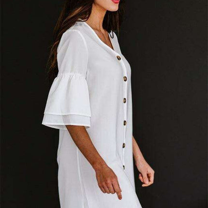Elegant V-Neck Shift Dress with Flared Sleeves and Decorative Buttons - Women's Fashion Essential
