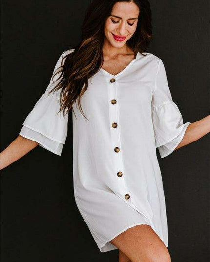 Elegant V-Neck Shift Dress with Flared Sleeves and Decorative Buttons - Women's Fashion Essential