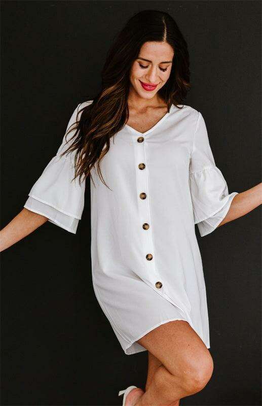 Elegant V-Neck Shift Dress with Flared Sleeves and Decorative Buttons - Women's Fashion Essential