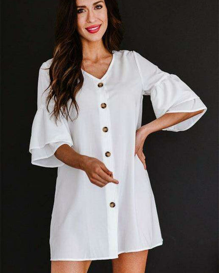 Elegant V-Neck Shift Dress with Flared Sleeves and Decorative Buttons - Women's Fashion Essential