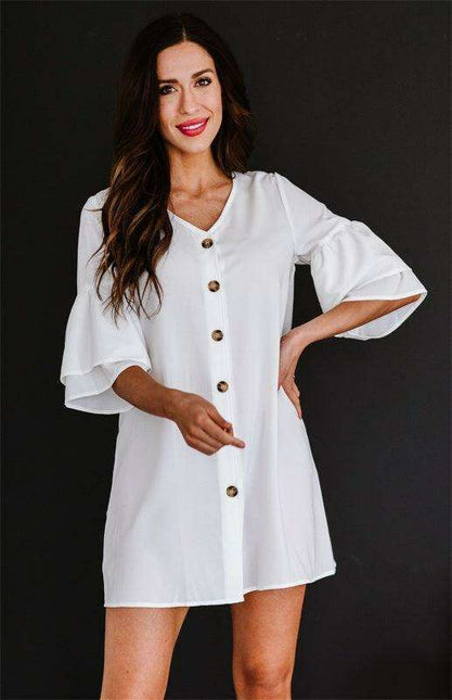 Elegant V-Neck Shift Dress with Flared Sleeves and Decorative Buttons - Women's Fashion Essential