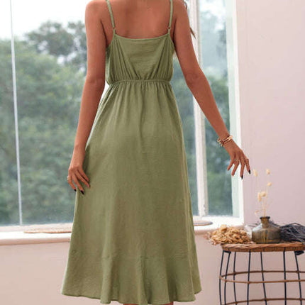 Women's Solid Color Midi Dress Beach Loose Sling Green Cotton Linen Dress