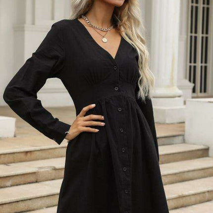 Chic Casual V-Neck Black Shirt Dress for Women