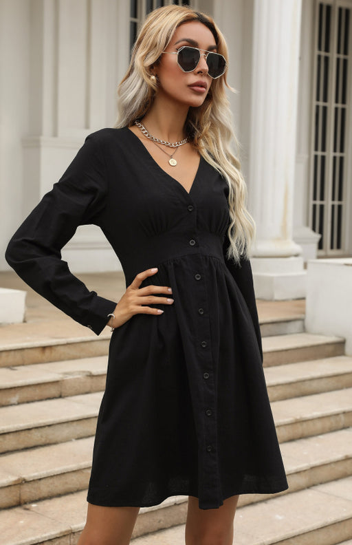 Black V-Neck Cotton Blend Women's Shirt Dress