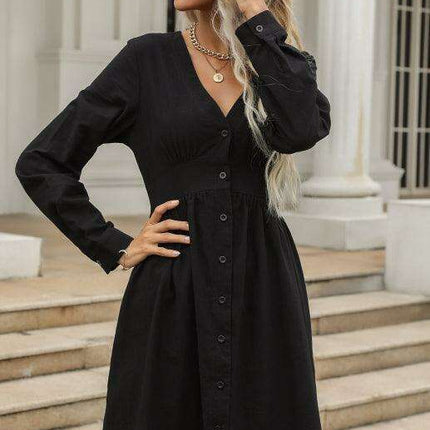 Chic Casual V-Neck Black Shirt Dress for Women