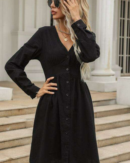 Chic Casual V-Neck Black Shirt Dress for Women