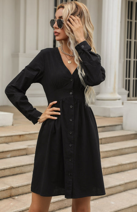 Elegant Black V-Neck Shirt Dress for Women