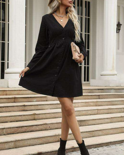 Chic Casual V-Neck Black Shirt Dress for Women
