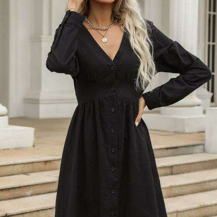 Chic Casual V-Neck Black Shirt Dress for Women