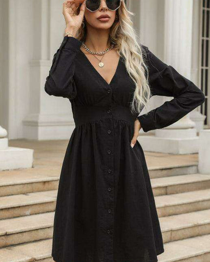 Chic Casual V-Neck Black Shirt Dress for Women