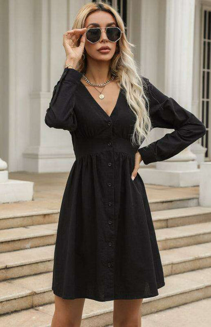 Chic Casual V-Neck Black Shirt Dress for Women