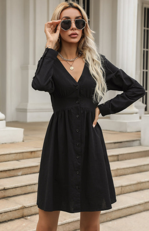 Women's Slim Shirt Dress Black V-Neck Cotton Linen Dress