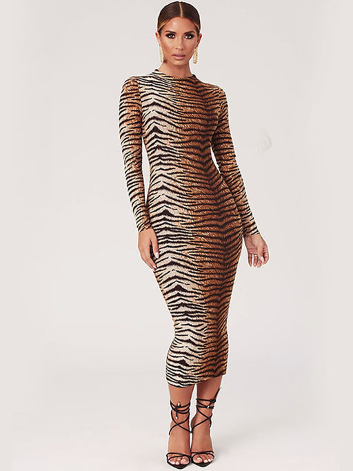 Leopard Print Sexy Long-Sleeve Dress with Round Neck for Women