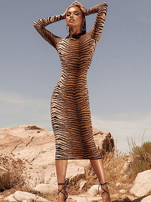 Leopard Print Long-Sleeve Dress with Round Neck - Women's Sexy Style