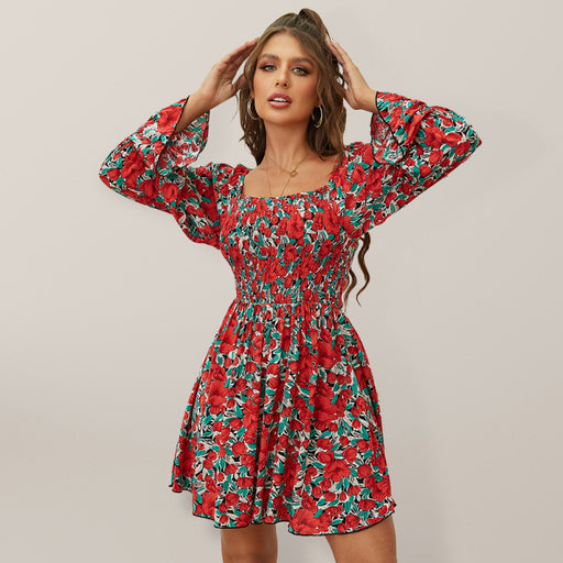 Floral Bubble Sleeve Women's Dress with Woven Detail