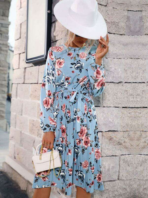 Elegant Blue Floral Pleated Dress - Trendy Women's Autumn and Winter Fashion